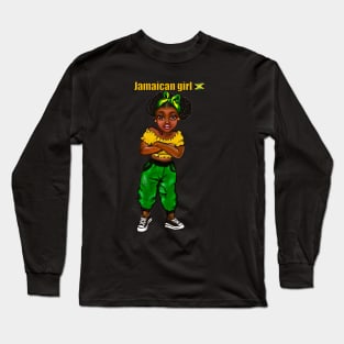 Jamaican girl with crossed arms and colours of Jamaican flag in black green and gold inside a heart shape Long Sleeve T-Shirt